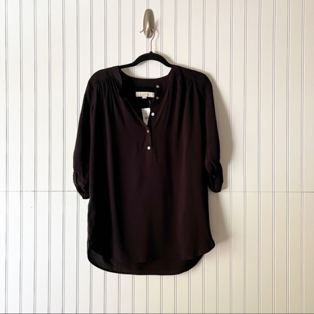 LOFT Black Three-Quarter Sleeve Henley Blouse